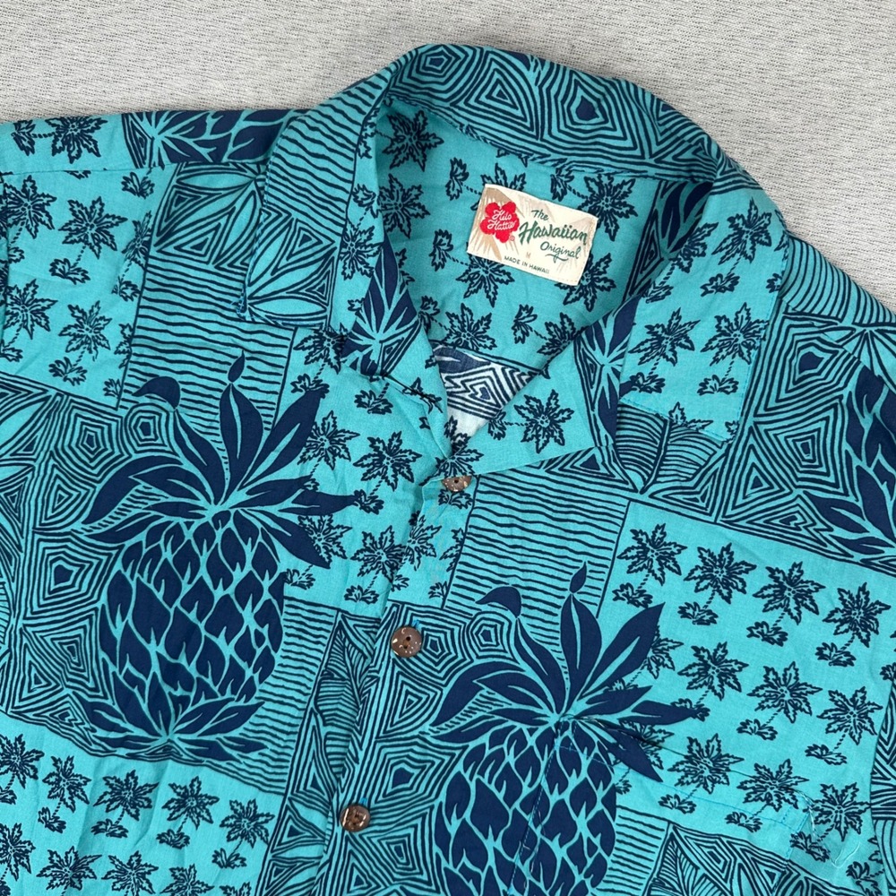 VTG Hilo Hattie Hawaiian Shirt Men‎ M Teal Navy Pineapple Palm Tree Rayon Hawaii